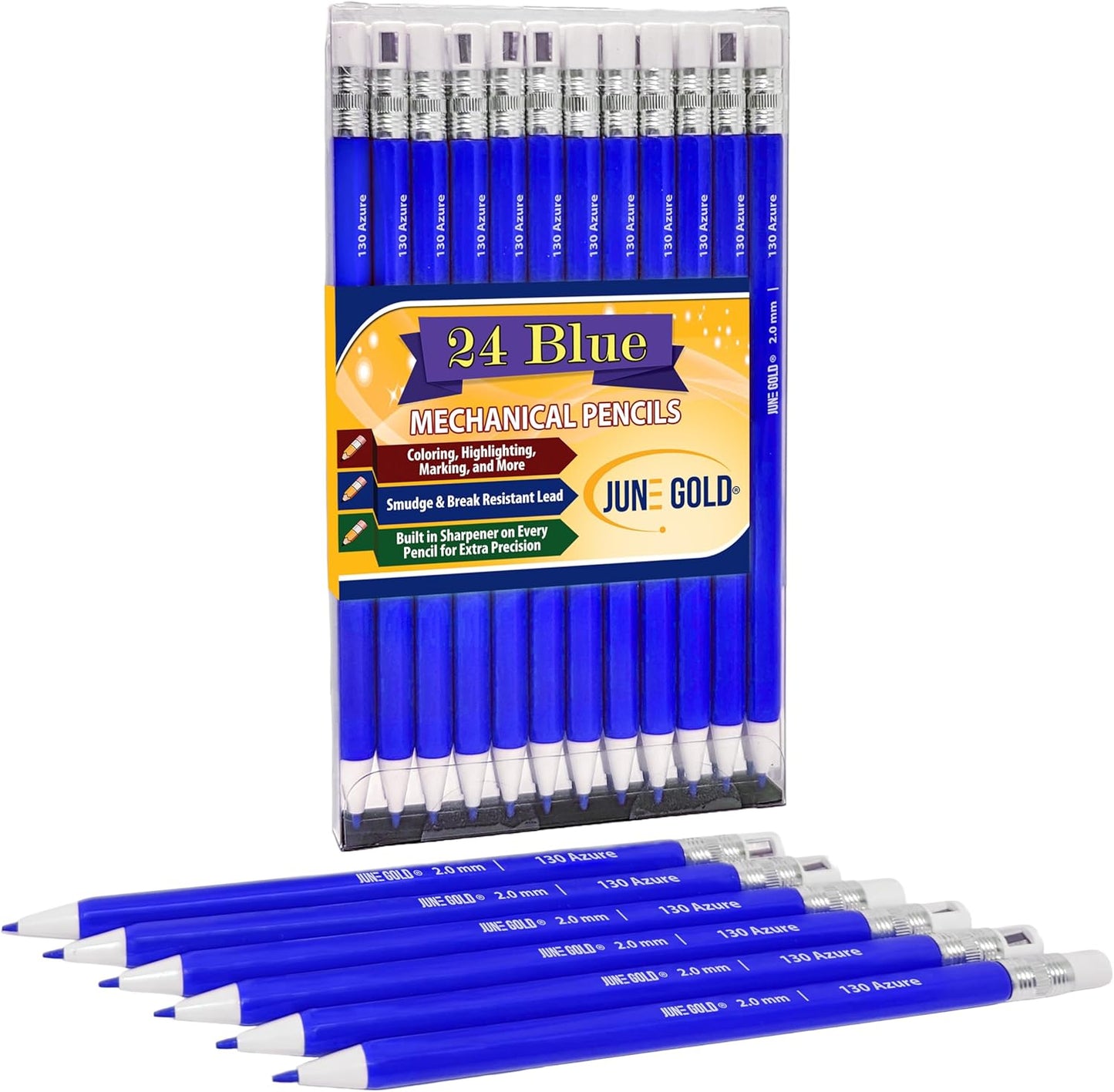 June Gold 24 Blue 2.0 mm Mechanical Pencils with Blue Color Leads, Bold Thickness, Built in Rear Sharpener (Azure #130)