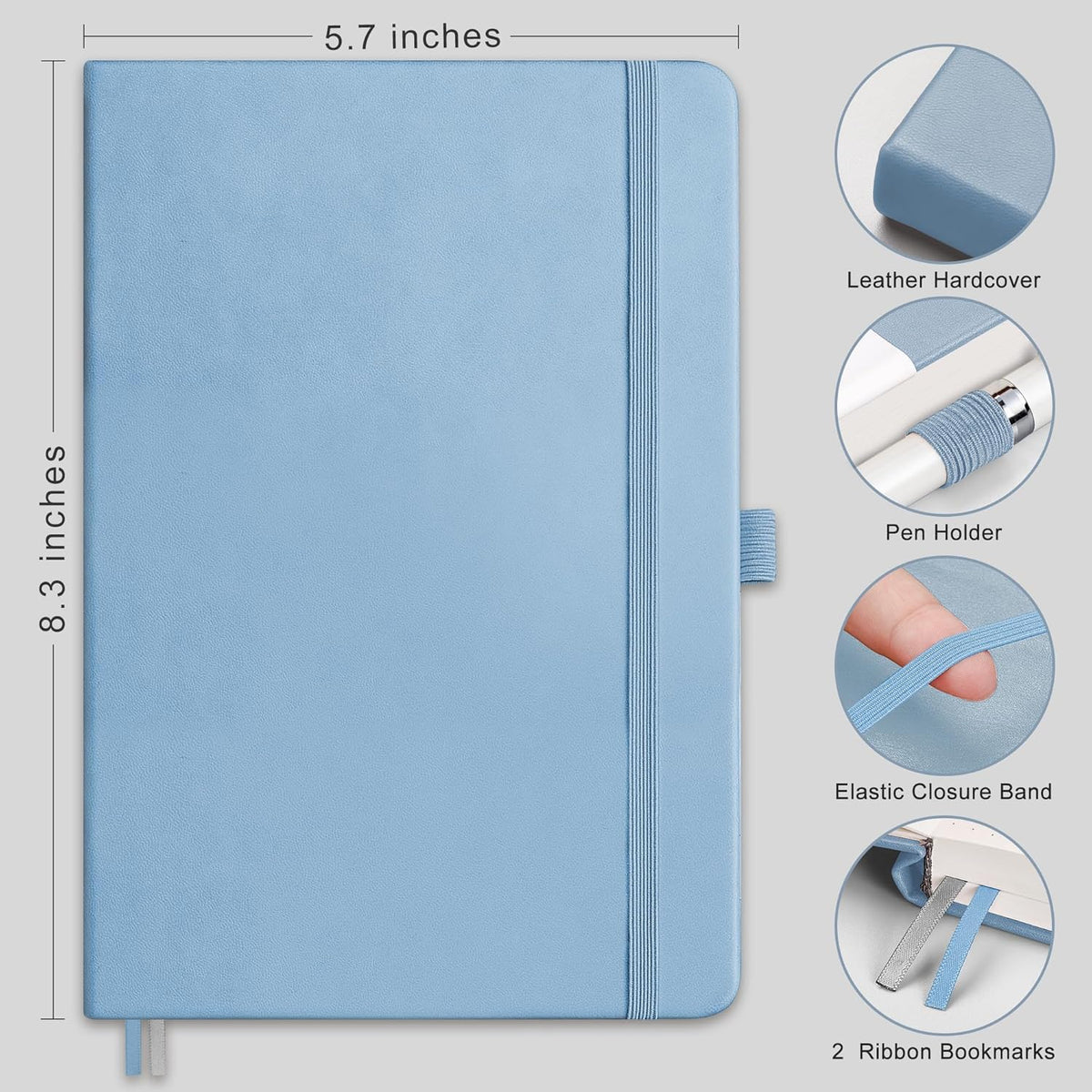 RETTACY Graph Grid Paper Notebook, 192 Pages, A5 Medium Size (5.7'' x 8.3''), 5 Squares per Inch, Leather Hardcover, 100 GSM Thick Paper, for School, Students, Math, Engineering (Light Blue)