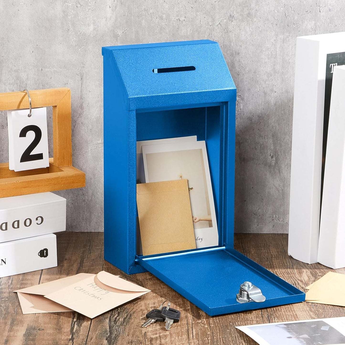 2 Pack Metal Suggestion Boxes with Lock Keys Ballot Donation Boxes with Slot for Fundraising Wall Mounted Mailbox Delivery Container for Home Office Outdoor Door, 10.2x5.7x2.95in(Black, Blue)