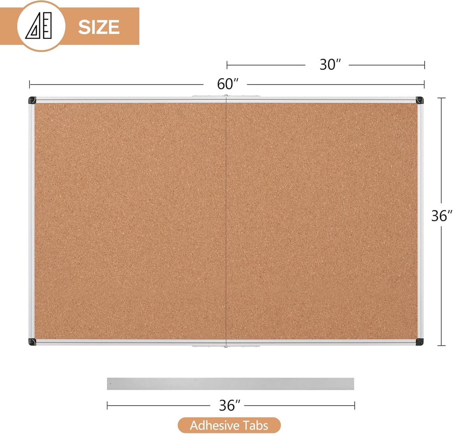 Board2by Extra Large Cork Bulletin Board 60" X 36", Foldable Notice Pin Board for Wall, Silver Aluminum Framed 5'x3' Corkboard, Wall Mounted Noticeboard with 36 Push Pins for School, Home & Office