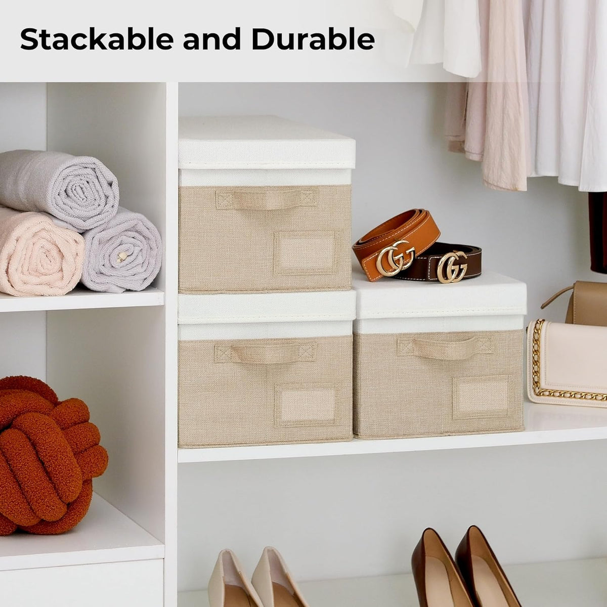 GRANNY SAYS Storage Basket with Lid, Linen Fabric Storage Bins for Shelves, Decorative Storage Boxes, Clothes Storage and Organization, Memory Keepsake Box, 3-Pack, Khaki&Ivory