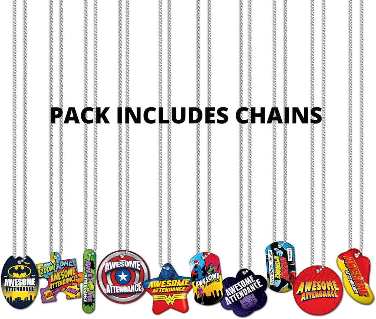 Awesome Attendance Heroes Brag Tag Value Pack to Improve Student School & Classroom Attendance: 250 Tags (25 Tags for Each Design) + 75 USA-Made 24" Hypoallergenic Aluminum Safety Chains