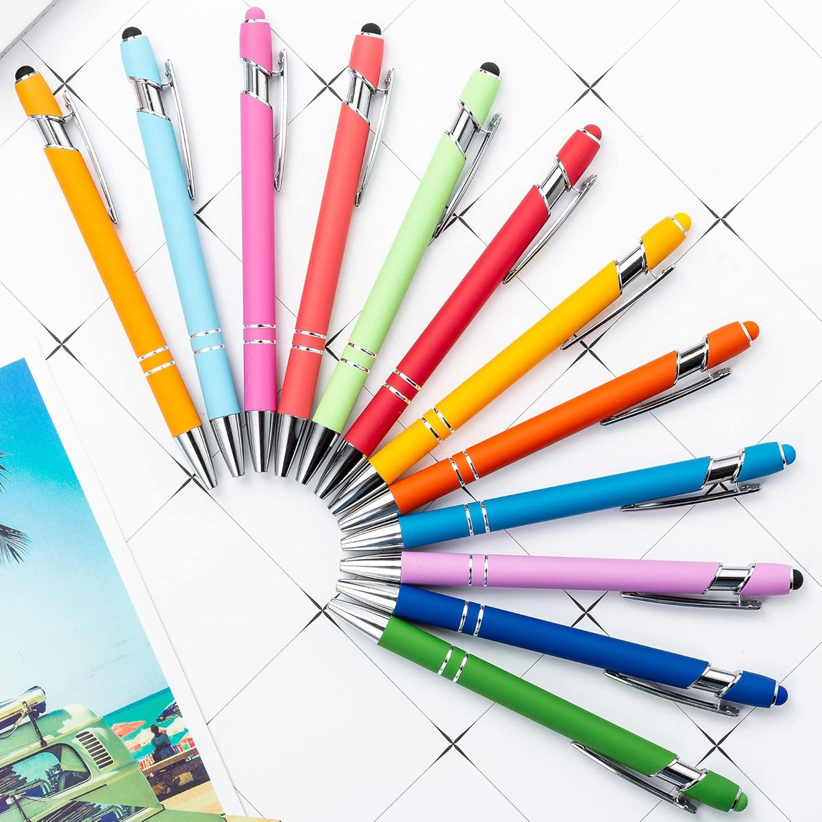 PASISIBICK 12 Pieces Rainbow Rubberized Soft Touch Ballpoint Pen with Stylus Tip, Stylish, Premium Metal Pen, Black Ink, Medium Point(Pack of 12)