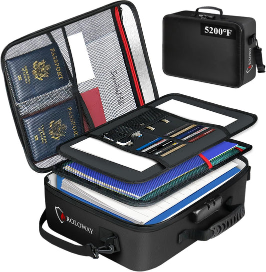 ROLOWAY 5200°F Fireproof Document Bag with Lock (17 x 12.3 x 5.3 inch), Upgraded Heat Insulated Fireproof Bag with Multi-Layer File Organizers, Important Document Storage for Home Safe