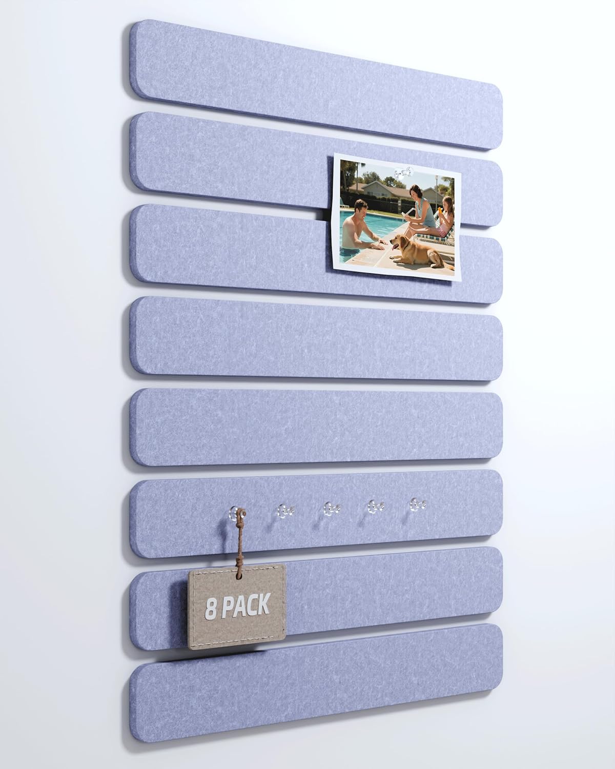 Cork Board Alternative Felt Strip Board 8-Pack 13"x2", Office Pin Board with 50 Push Pins, Adhesive Install for Bedroom Door & Home Office(Soft Periwinkle)
