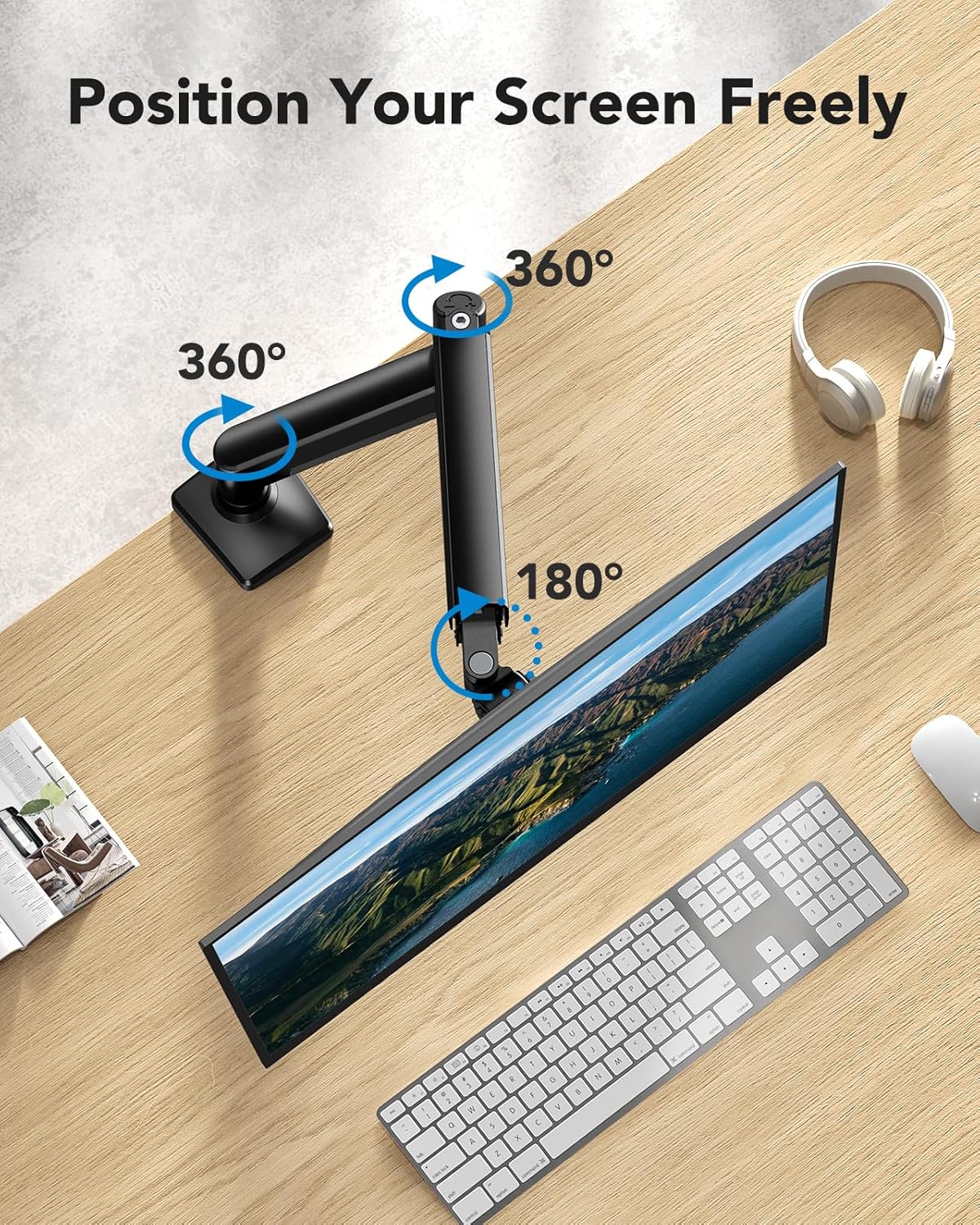 HUANUO Single Monitor Arm 13-34 Inch, Adjustable Gas Spring Arm, Monitor Desk Mount for 4.4-22lbs, VESA 75/100mm with C-Clamp/Grommet Base, Ergonomic Stand for Work/Gaming