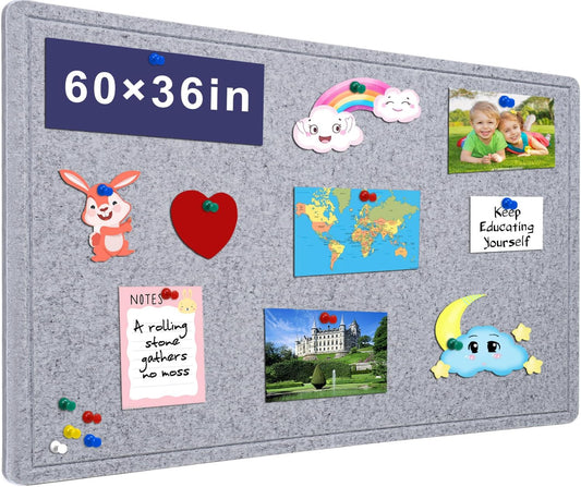 Large Bulletin Board - 60 X 36 inches Decorative Felt Pin Board - 5' x 3' Cork Board Alternative for Wall - Foldable Photo Board Self-Adhesive Vision Board Prayer Board with 30 Pushpins - Silver Gray