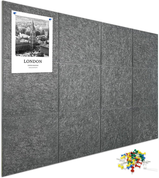 Large Cork Board for Wall 12 Pack, Bulletin Board 48" X 36", Felt Board Wall Tiles with 72 Damage-Free Removable Pads & Push Pins, Alternative Pin Board Cork Board for Office Home, Dark Grey