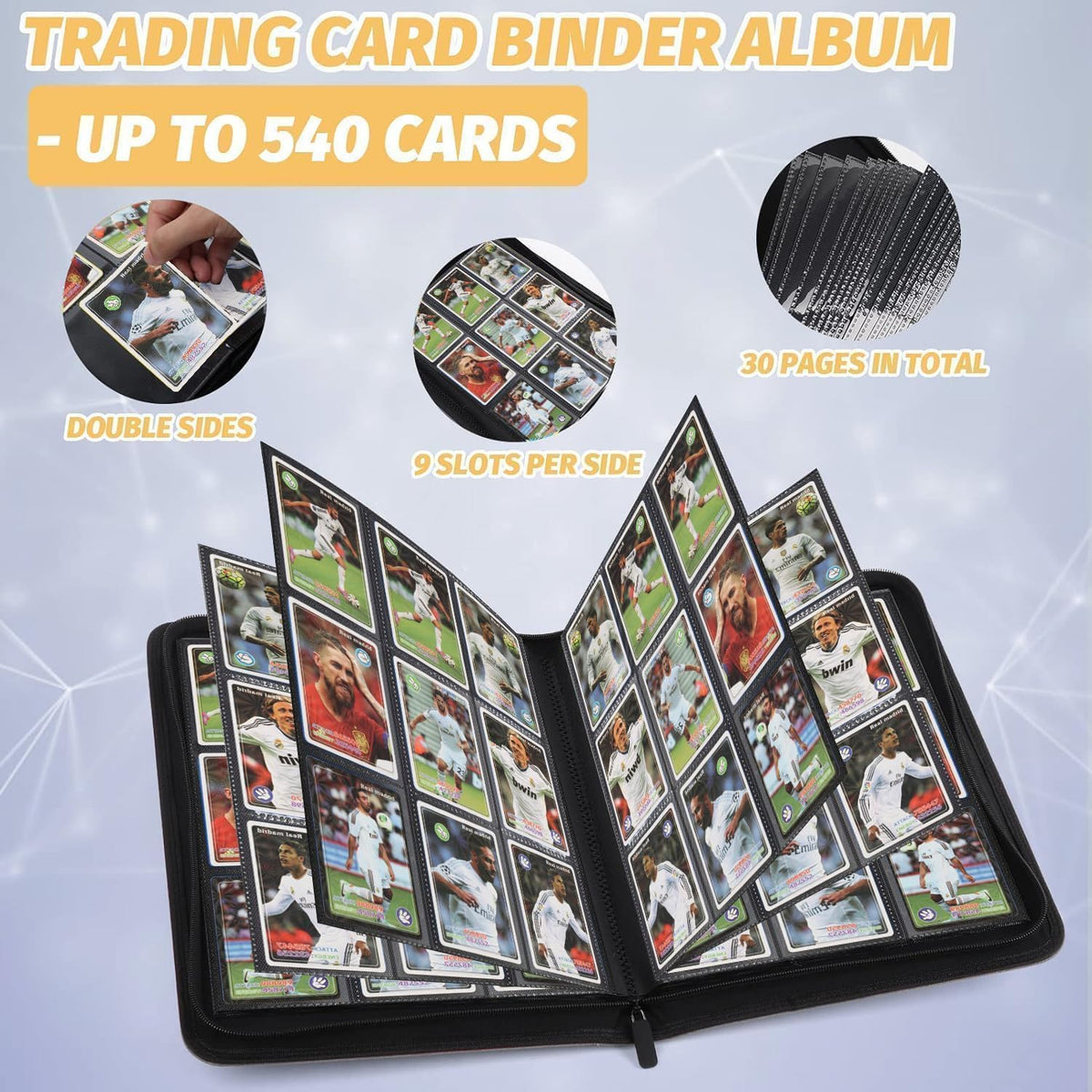 9 Pockets Card Binder,Premium Zip Trading Card Binder,540 Double Sided Pocket PU Collection Binder, Collector Album, Card Folder for MTG, TCG, Business Cards.(White)