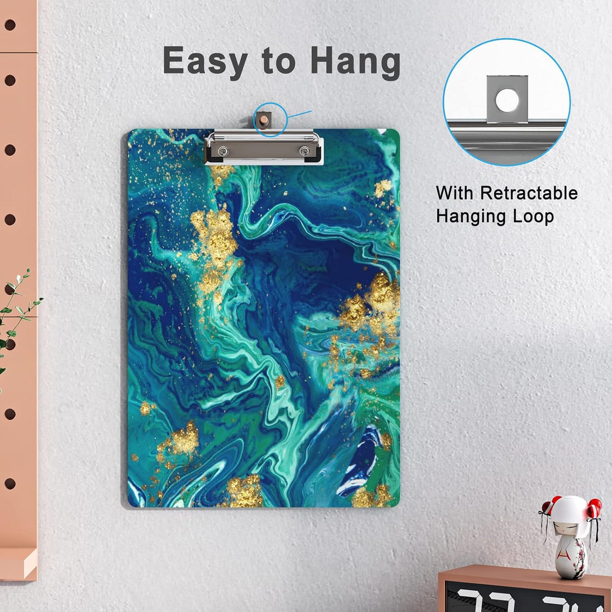 Clipboard Wood Design Decorative A4 Letter Size Clip Boards for Classroom Office, Standard Size 9" x 12.5" with Low Profile Metal Clip - Blue Gold Marble