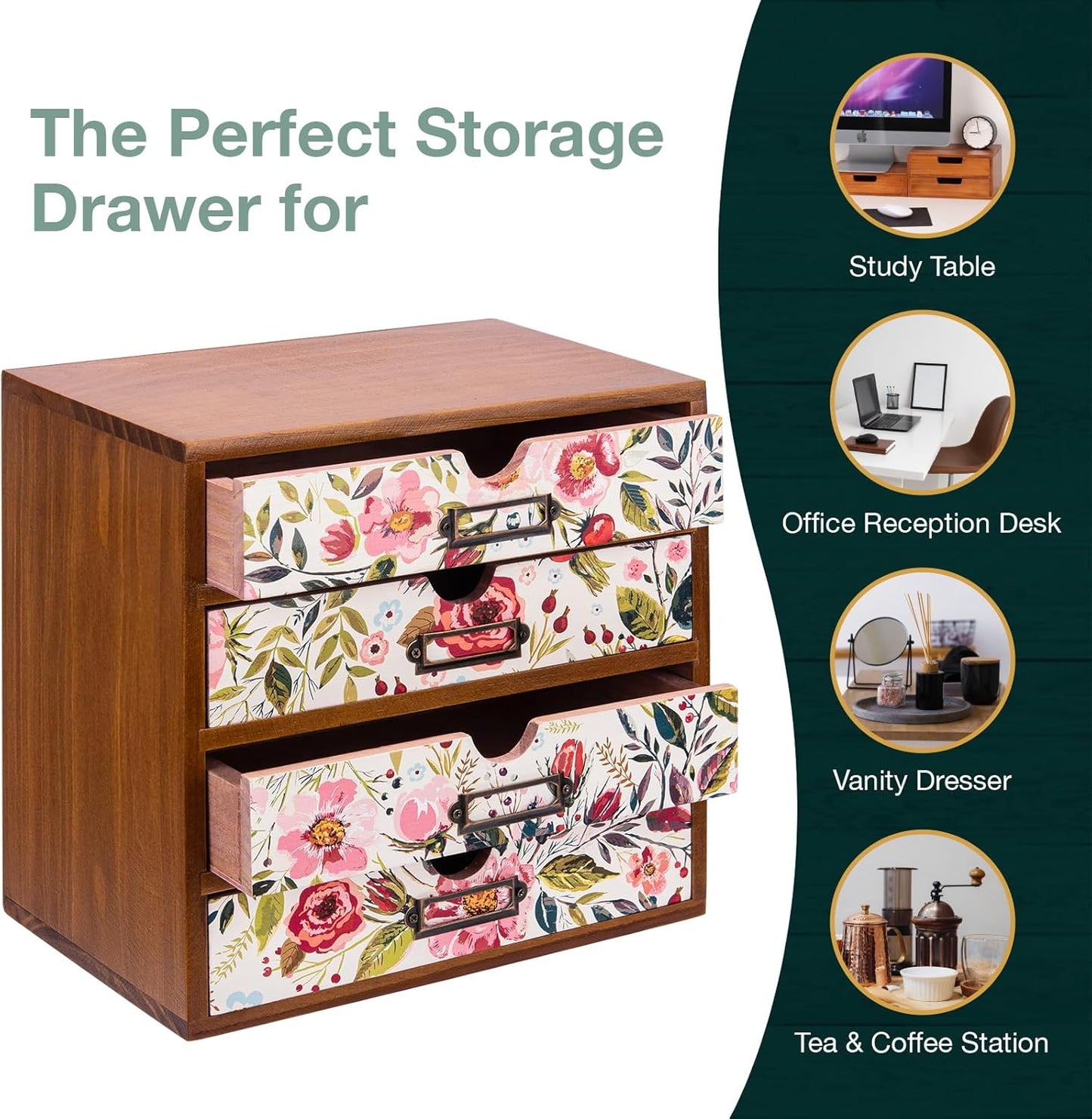 4-Drawer Vintage Desk Wood Storage Box With Drawers in Floral Chintz - Wooden Table Organizer I End Clutter & Dullness, Personalize Your Workspace - Beautiful Flower Design for Office & Home