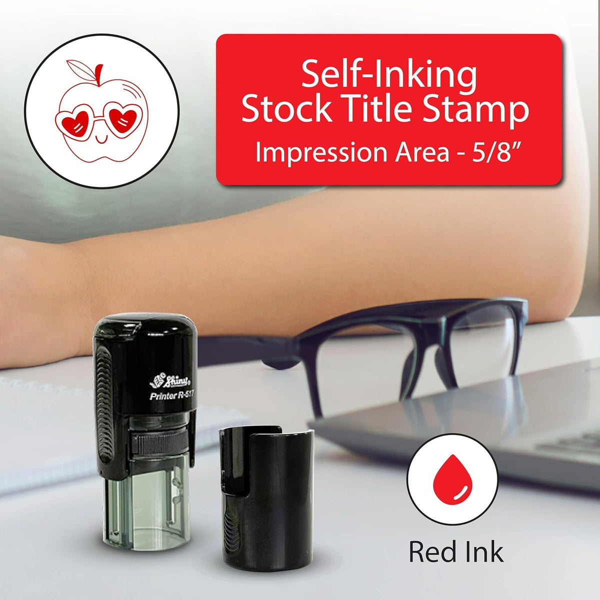 Shiny Cool Apple Teacher Stamp, Round Self Inking Stamp for Classroom, Red Ink