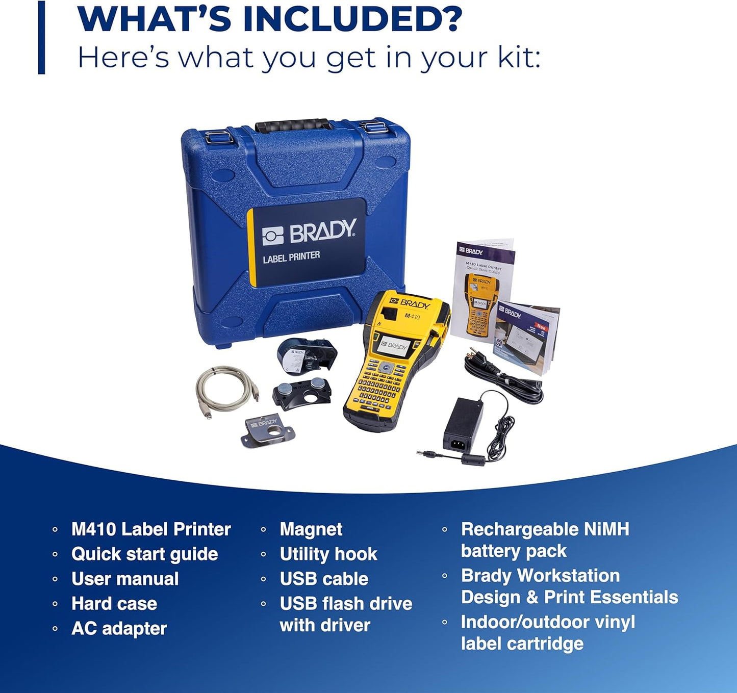 Brady M410 Handheld Portable Label Printer Kit with Carrying Case, Label Cartridge, Rechargeable Battery and Charger, 11.5" H x 6" W x 3.5" H