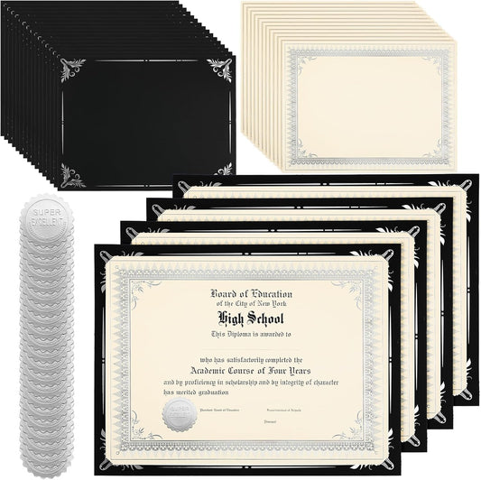 Fainne 50 Sets Certificate Kit Includes 50 Pcs 9.5 x 12 Inch Certificate Holders 50 Pcs Letter Size Papers 50 Pcs Foil Award Seals Diploma Covers for Appreciation(Black, Silver)