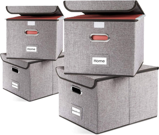 PRANDOM File Organizer Box - Set of 4 Collapsible Decorative Linen Filing Storage Hanging File Folders with Lids Office Cabinet Letter Size (15x12.2x10.75 inch)