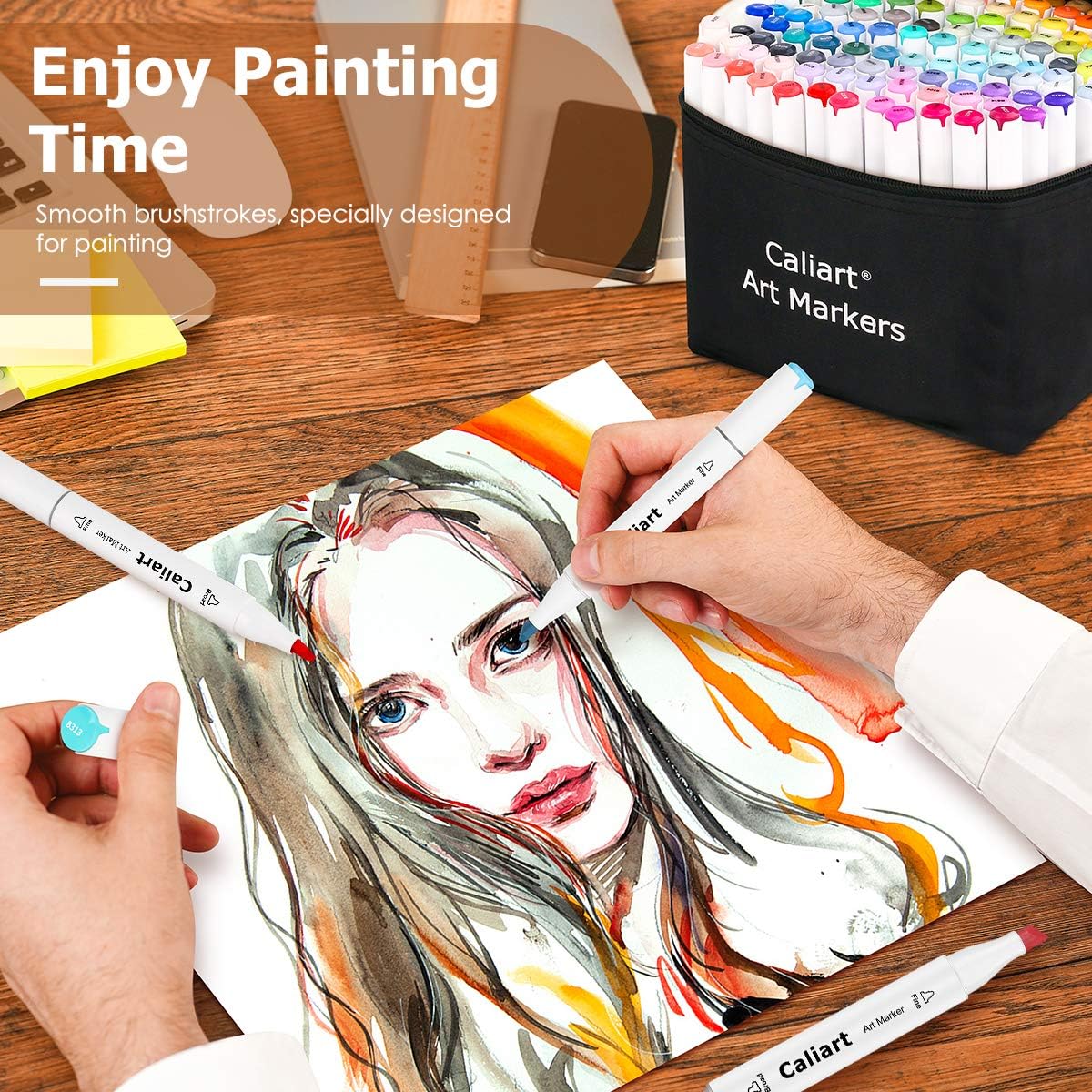 Caliart Alcohol Based Markers, 180 Colors Dual Tip Art Marker Set Fine & Chisel, Permanent Colored Pens for Adults Coloring Book Artists Illustration Sketch Lettering Drawing Cards Planner