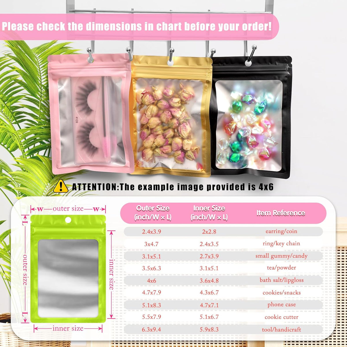 FUNFERY 100 Pack Mylar Resealable Bags Foil Packaging Bags with Clear Window,Zipper Pouch Smell Proof Bag for Food Storage,Cookies,Sample,Small Business(Green,4x6inch)