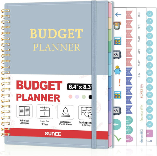 SUNEE Budget Planner - Monthly Budget Book with Expense Tracker Notebook, Undated 12 Month Bill Organizer & Finance Planner to Manage Your Money, A5 (6.4" x 8.3") Account Book with Colorful Tab, Blue