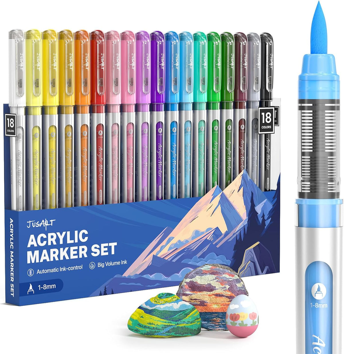 JusArt Acrylic Paint Markers Brush Tip 18 Colors for School Art, Water-Based No-Bleed Markers with Automatic Ink Control, Waterproof Acrylic Paint Pens for Rock, Egg, Wood, Fabric, Glass, DIY Crafts