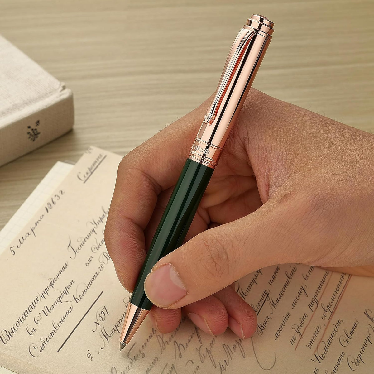 Luxury Gel Pen, Top Set With 8mm Brilliant Diamond,Dark Green Pen Body,Attractive Rose Real Gold Finish, Black Refill,Elegant Gift Pen For Women, Executive, Fancy, Graduation, Nice Pens