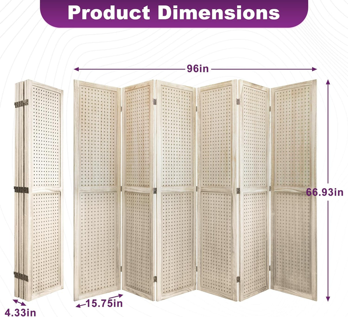 2 Pack Room Divider, 5.6FT Folding Room Divider Panel, 6 Panel Pegboard Display Wood Partition Wall Divider for Room Separation& Craft Shows, Natural Wood