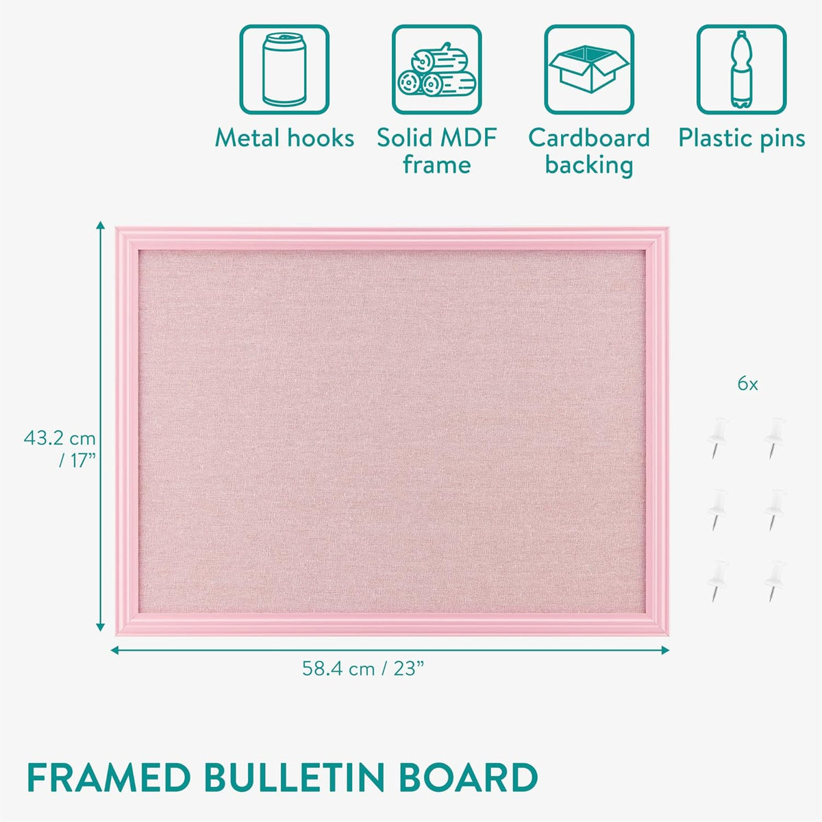 Navaris Framed Linen Bulletin Board - Approx. 58x43cm Fabric Jewelry Organizer Pinboard for Wall Memory Memo Pin Board - Pink Linen with Pink Frame