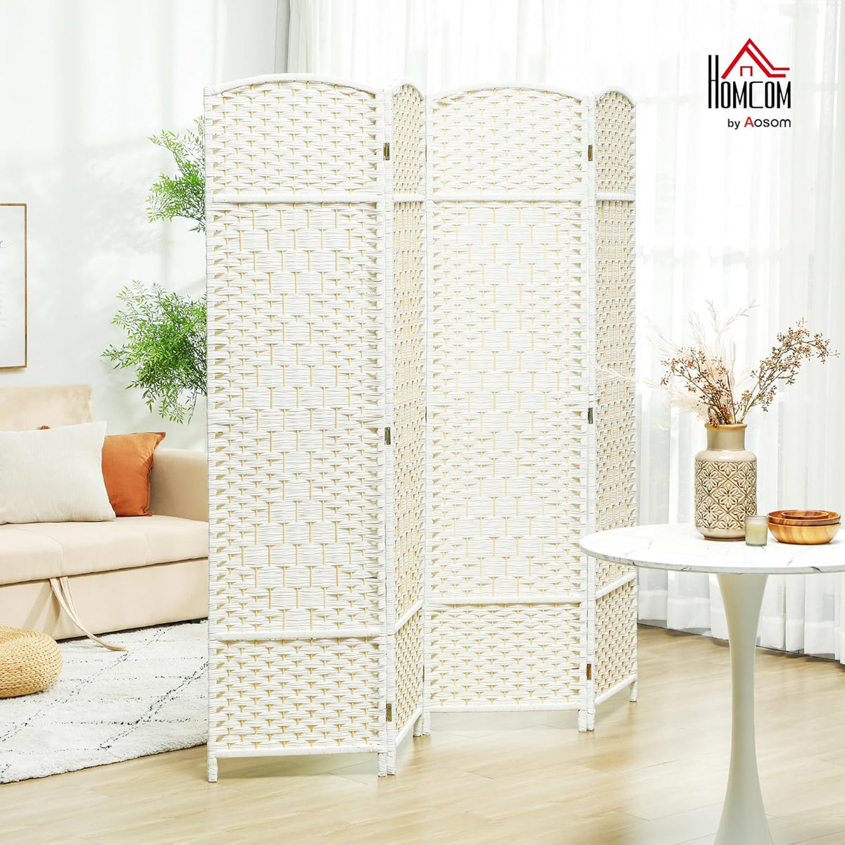 HOMCOM 4 Panel Room Divider, 6' Tall Folding Privacy Screen, Hand-Woven Freestanding Wall Partition for Home Office, Bedroom, White