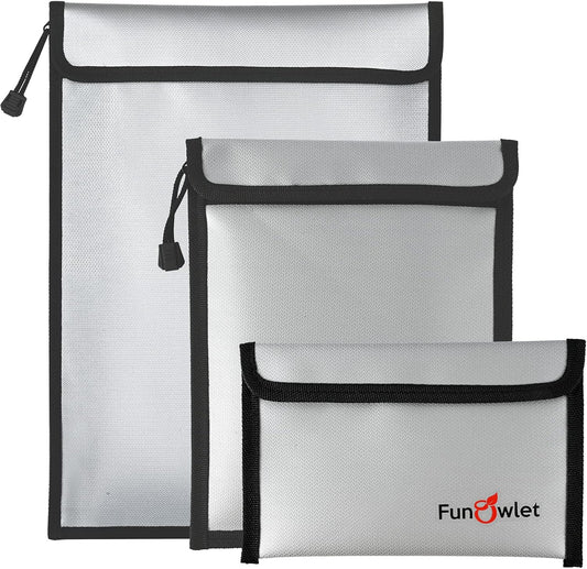 FunOwlet Fireproof Waterproof Document Bag, Fire and Water Resistant Safe Zipper Storage Organizer Pouch for A4/A5 Documents Holder, File, Cash, Jewelry, Passport, Tablet, Laptop, 3 Pack (Gray)