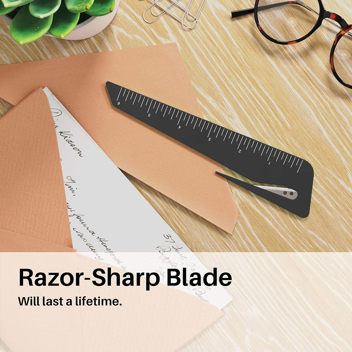 Uncommon Desks Ruler & Letter Opener Combo - Easy to Hold - Oversized Grip - Black 6 Inch Ruler - Envelope Opener w/Measuring Tool - Perfect for Crafts, Drafting, Sewing, & Drawing - (3 Pack, Black)
