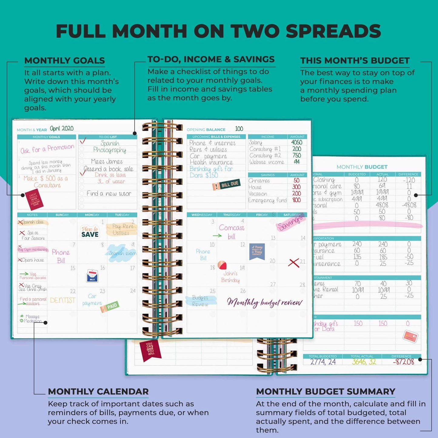 Clever Fox Budget Planner & Monthly Bill Organizer With Pockets. Expense Tracker, Budgeting Journal & Financial Book. Medium, 5.1x8.2" (Turquoise)