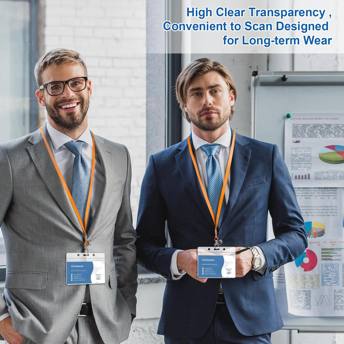 100 Pack Lanyards for ID Badges with Clear Name Tags, Reusable Lanyards Horizontal ID Card Badge Holders Plastic Name Badges for Men Women Kids Business School and Office Supplies (Orange)