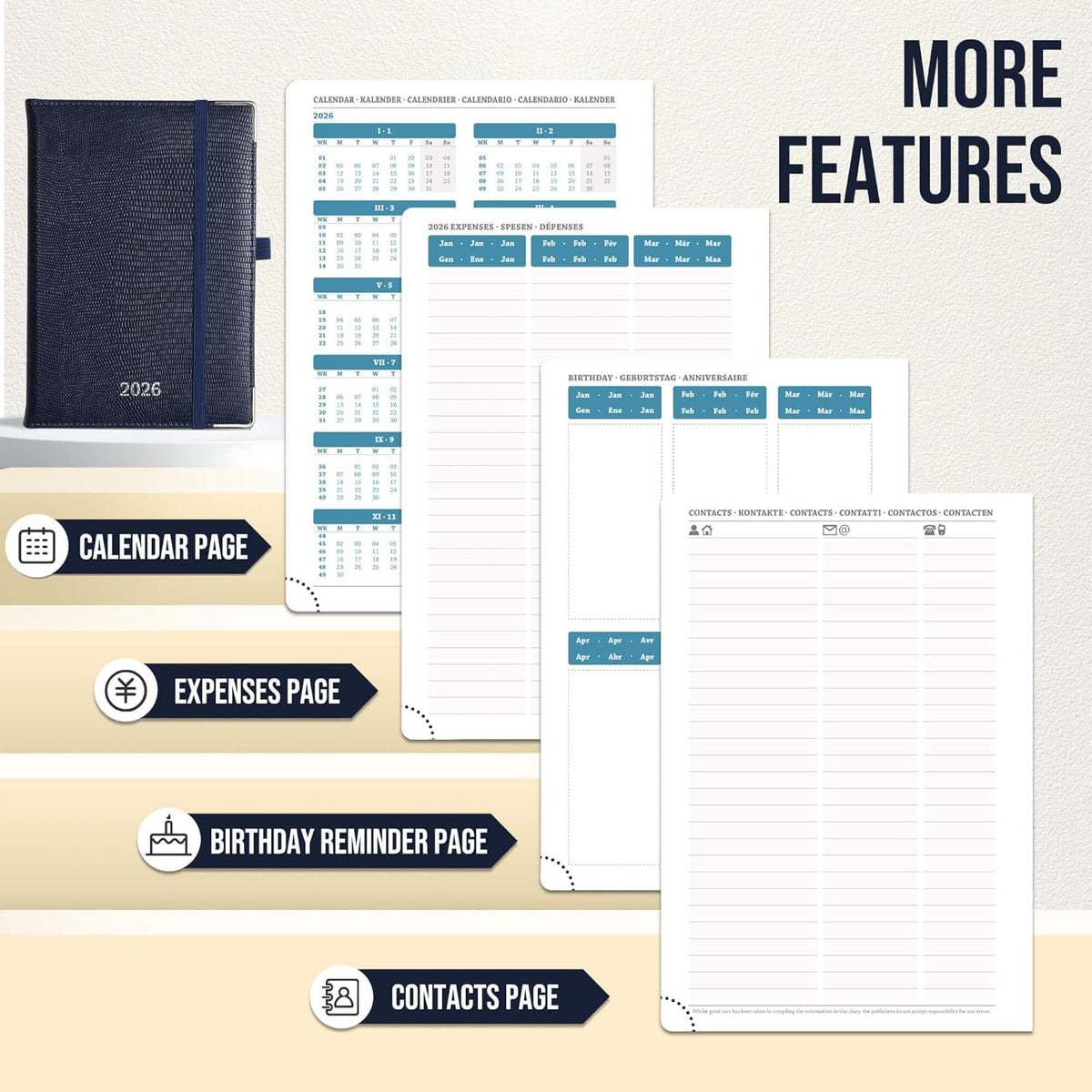 Daily Planner 2026 with One Page Per Day,(A5-8.5" x 5.9"),12 Months Calendar Hourly Appointment Book Monthly Tabs & Self-adhesive Pen Holder,Inner Pocket,Durable Vegan Leather,Dark blue