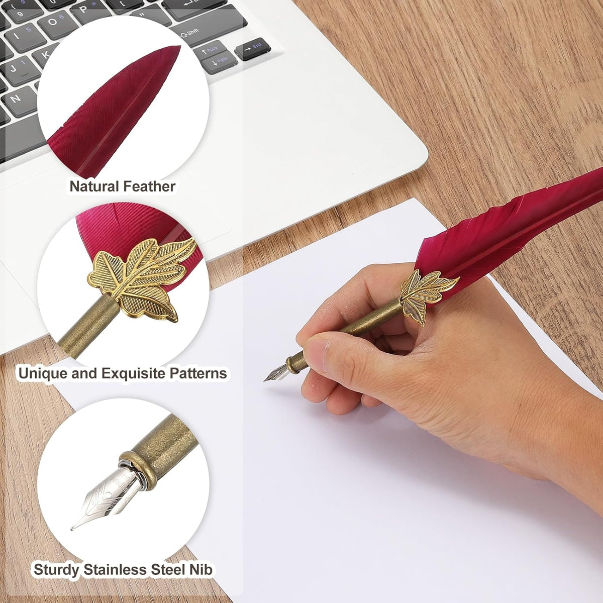 PATIKIL Feather Quill Pen Set, 1 Set Vintage Feather Calligraphy Pen Fountain Dip Pen Set with Ink, Pen Holder and Replacement Nibs for Beginner Writer Writing Gift, Black(Silver Box)