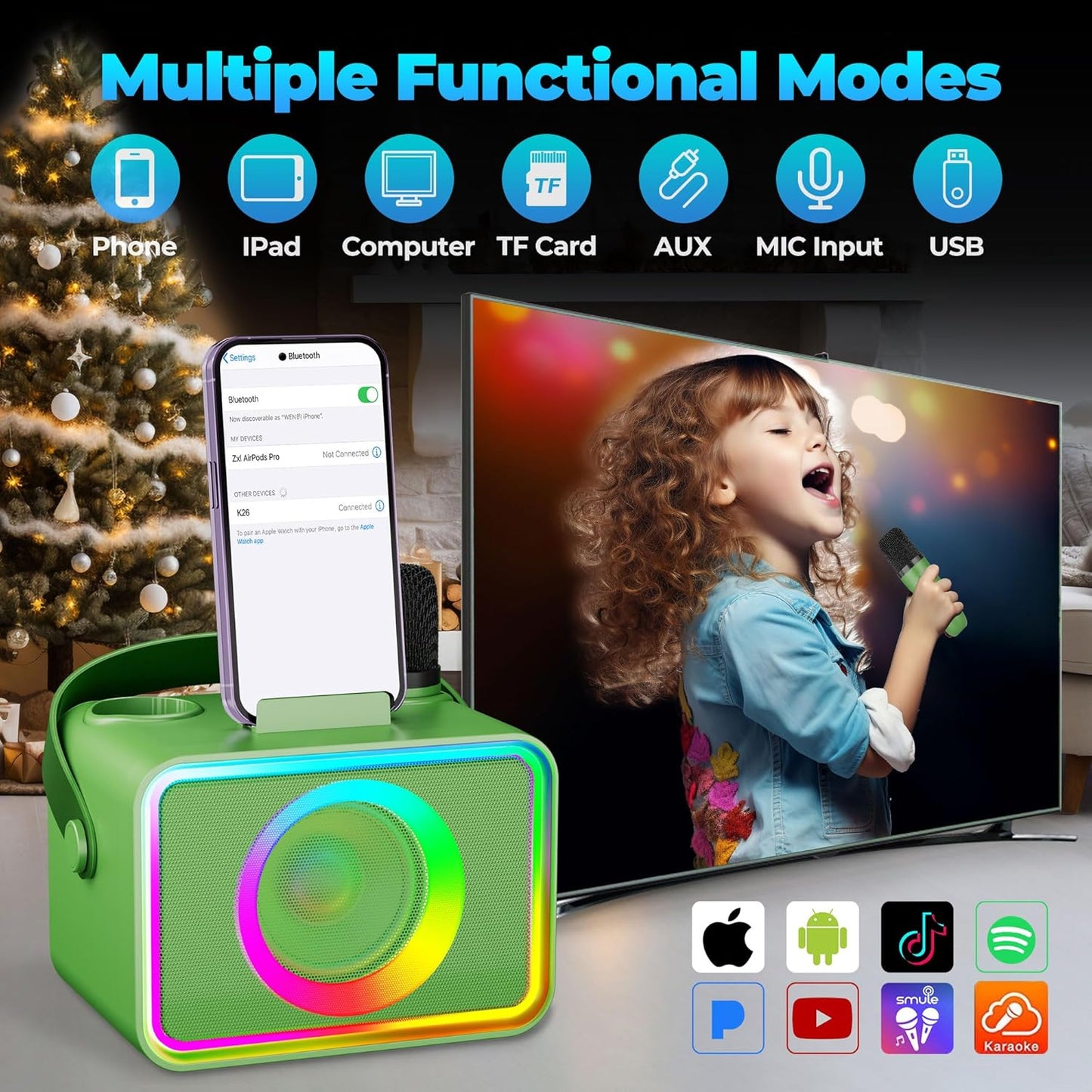 Karaoke Machine,Portable Bluetooth Speaker with 2 Wireless Microphone for Adults & Kids with LED Lights, Karaoke Microphone with PA System Supports USB/TF/AUX,Gift for Party (Green)