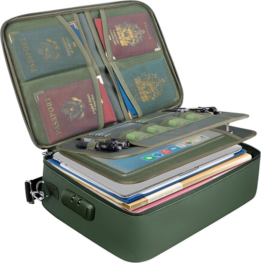 BALEINE Fireproof Document Box with Lock, Portable Fireproof Document Bag Waterproof Fire Proof File Boxes for Documents, File Organizer Box for Important Paperwork (Green, 15''x11''x4'')