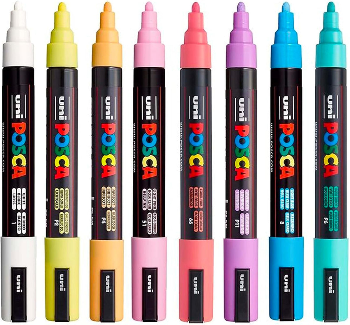 posca Markers Set, 8 Medium Paint Markers 5M – Soft Tones – White, Sunshine Yellow, Apricot, Light Pink, Coral Pink, Lavender, Light Blue, Aqua Green