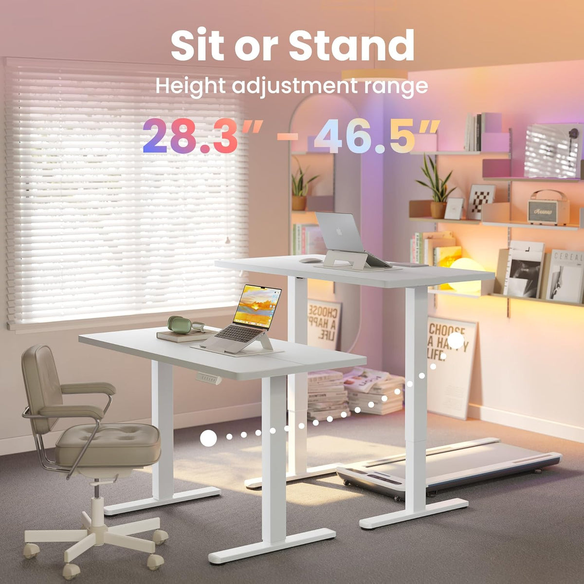 HUANUO Electric Standing Desk, 63 x 24 Inch Height Adjustable Computer Desk with Storage Bag, 4 Height Memory Settings, Sit Stand Up Desk for Home Office, White