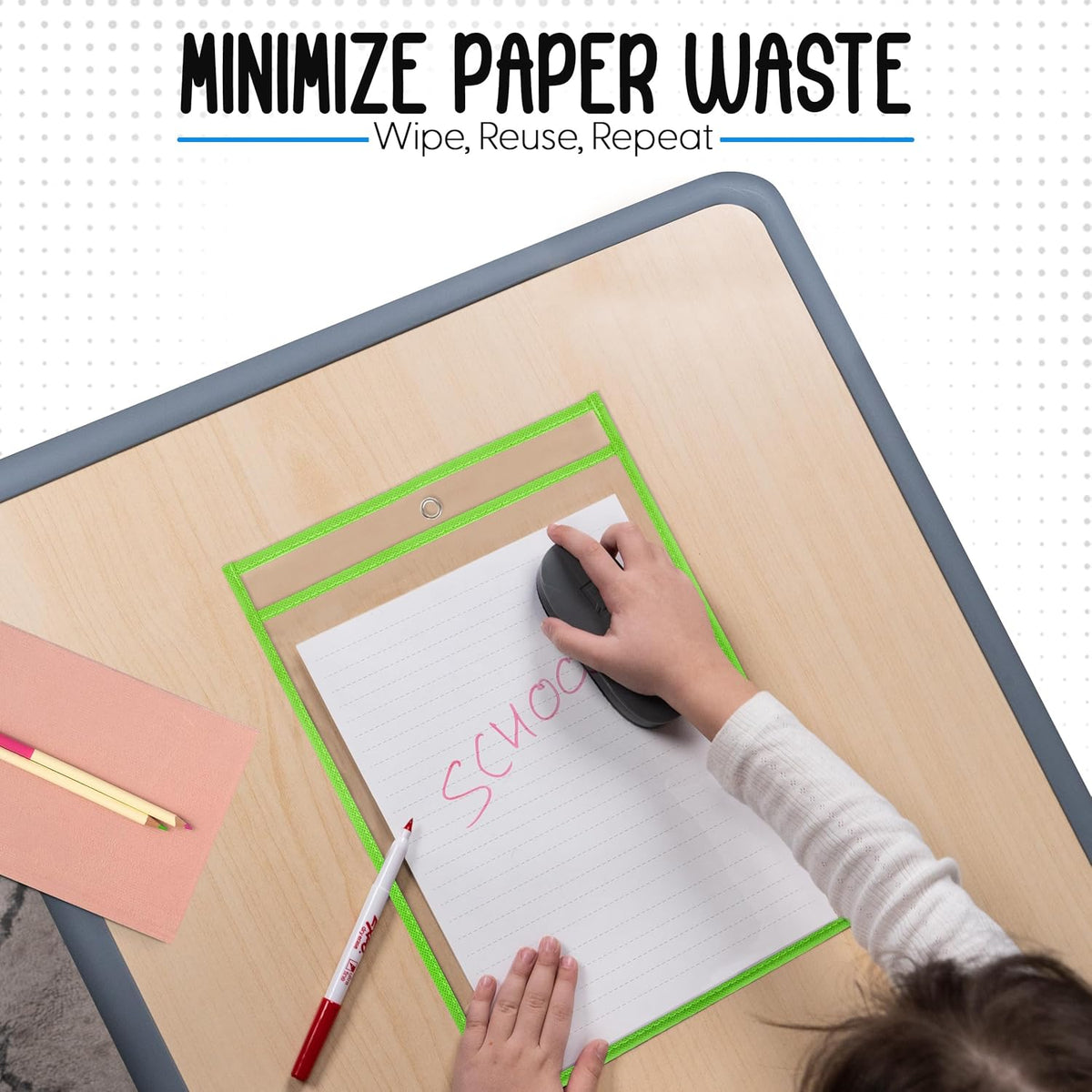 Essex Wares - 6 Pack, Lime Green, Water-Resistant Dry Erase Pocket Document Protectors, 10" Wide x 13.5" Tall - Dry Erase Clear Plastic Sleeves - Reusable & Easy Erase Plastic Invoice Holders