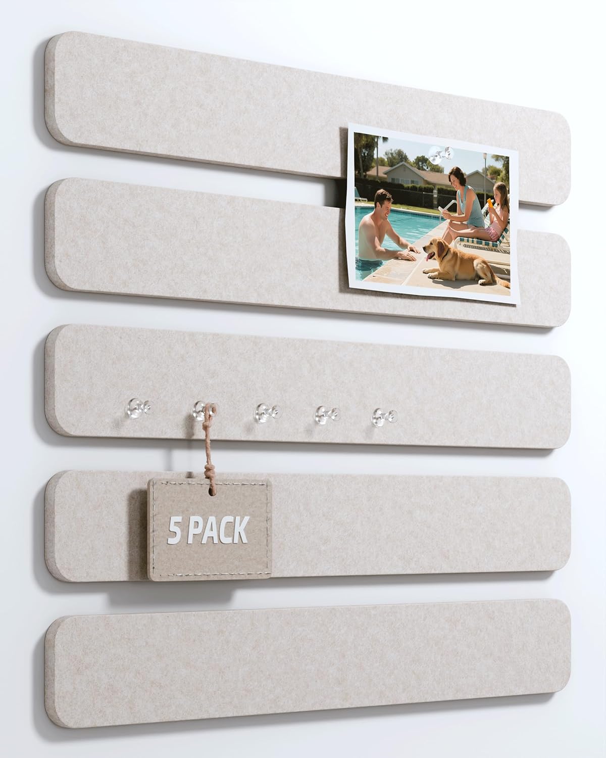 Cork Board Alternative Felt Strip Board 5-Pack 13"x2", Office Pin Board with 35 Push Pins, Adhesive Install for Bedroom Door & Home Office(Oatmeal)