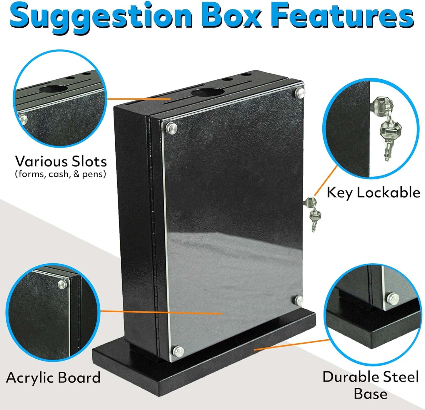 Large Suggestion Box With Slot and Lock - Metal Wall Mounted Ballot Box, Donation Case, Safe Lock Tip Jar For Fundraising, Hotel, Bar and School Voting Use (Black, 10'' x 4.75'' x 12.5'')