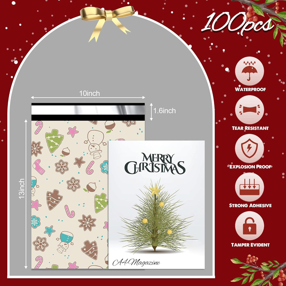 Christmas Poly Mailer 10x13 Inch 100 Pcs, Waterproof Shipping Bags for Clothing, Tear-Resistant Mailier Bags, Strong Mailing Bags with Self-Seal - Christmas Elements Printed