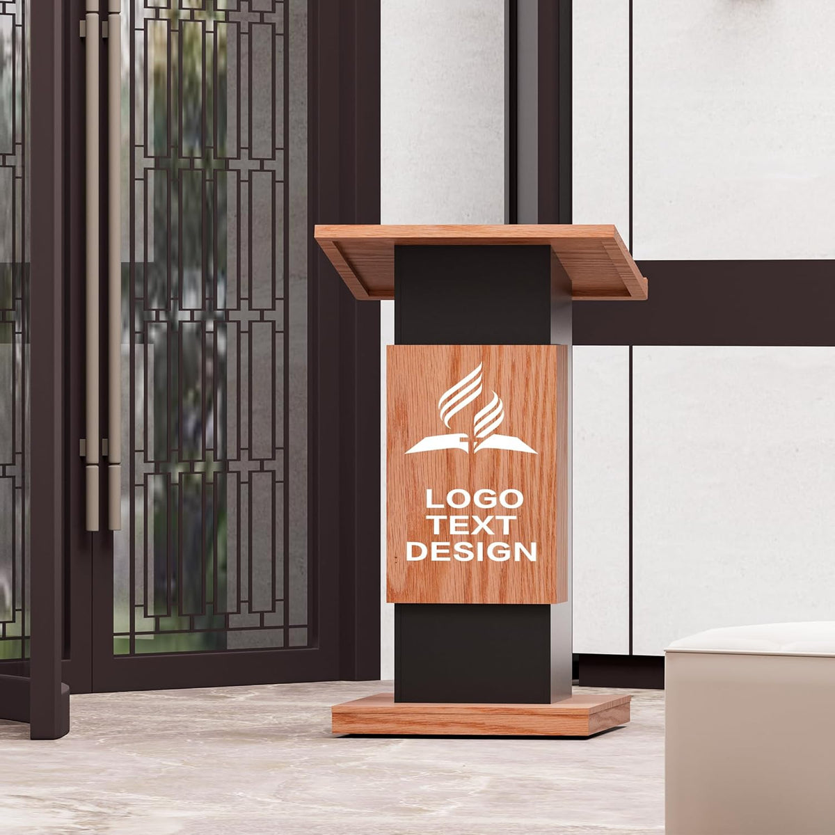 Customizable Logo & Text Podium Stand,Wood Lectern with Lockable Wheels,15MM Particle Board,Church Pulpit with Storage, Mic Stand Space,Wooden Podium for Seminars and Schools(Customized A)