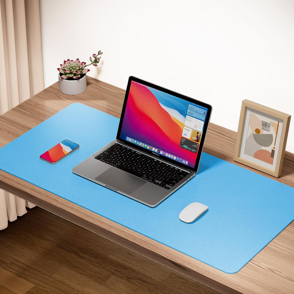 Boutilon Leather Desk Pad Protector,Non-Slip Mouse Pad,Laptop Desk Pad,Office Mouse Mat,Waterproof Leather Desk Blotter,Desk Writing Pad for Office and Home(M-Aqua Blue,30"x14")