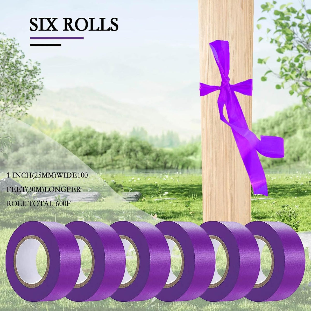 6 Pack Purple Flagging Tape - Non-Adhesive Plastic Ribbon Neon Tape, 1inch*600ft, Tree Marking, Hunting, Boundaries and Hazardous Areas, Trail Marking