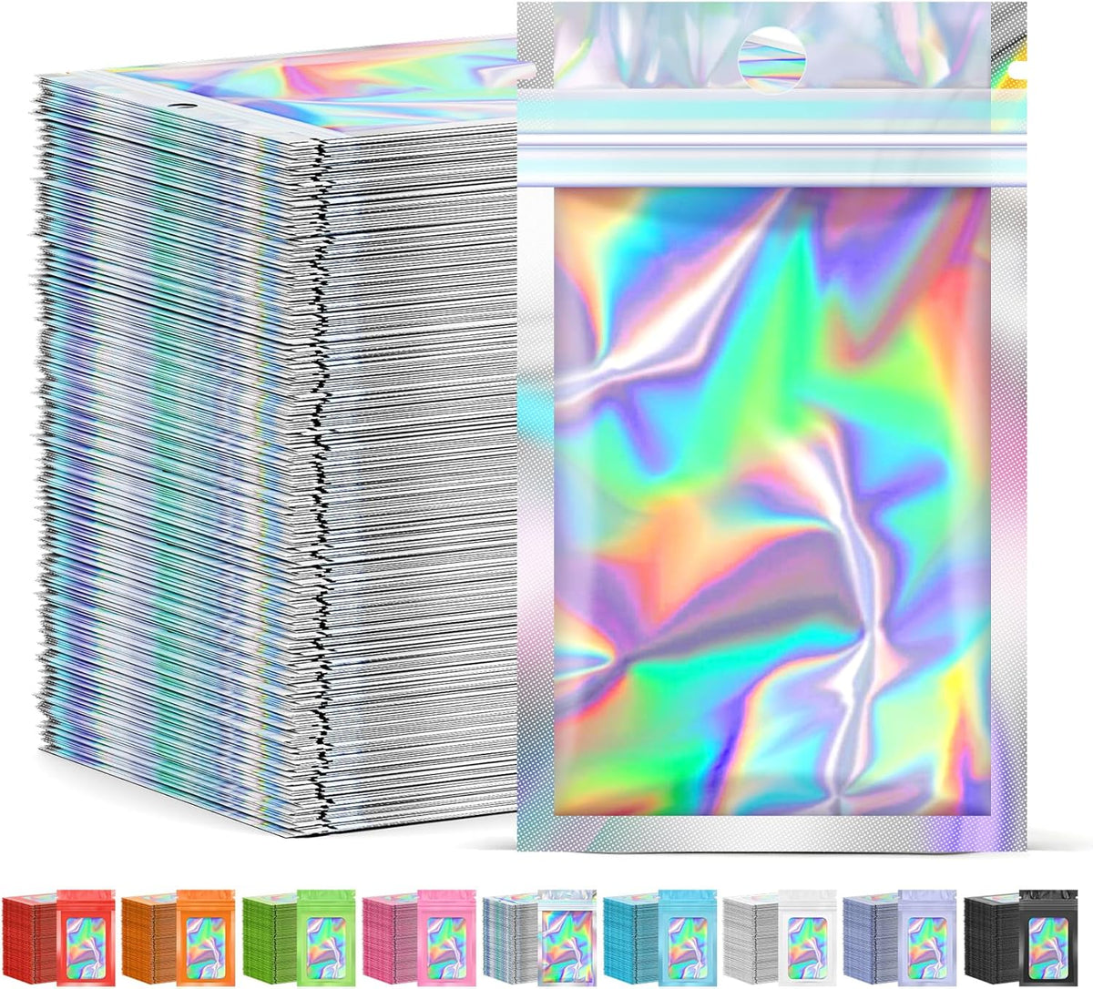 300 Pcs Mylar Bags, Smell Proof Bags Foil Pouch, Holographic Resealable Bags for Small Business, Candy Sample Jewelry Bag Sealable Packaging for Party Favor Food Storage (3x5in)
