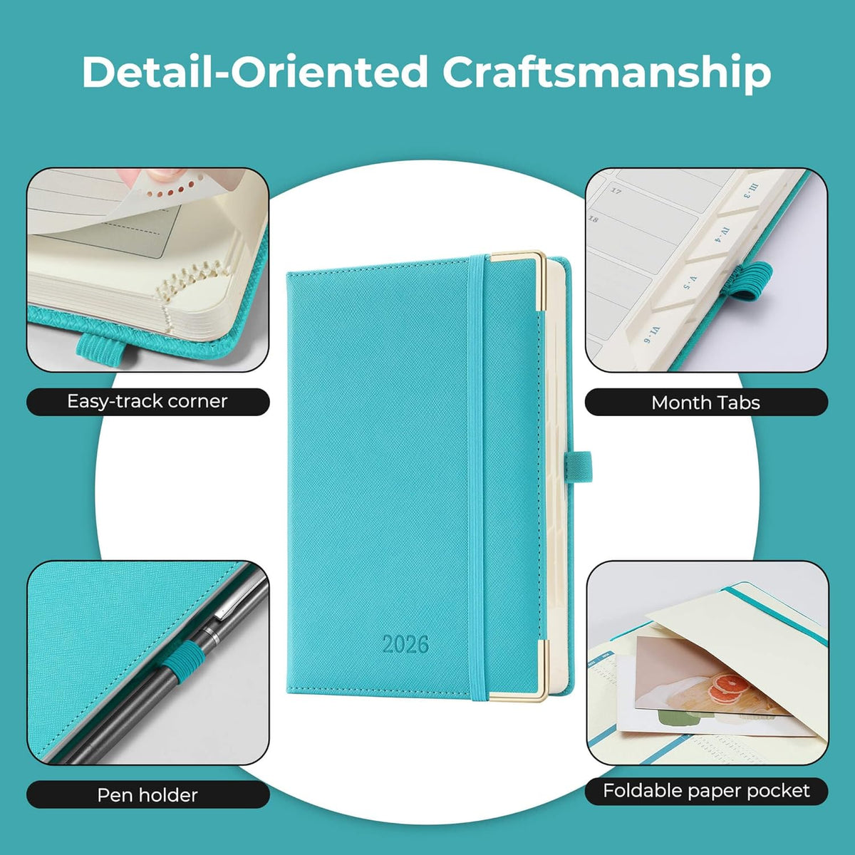 Daily Planner 2026 with One Page Per Day,(A5-8.5" x 5.9"),12 Months Calendar Hourly Appointment Book Monthly Tabs & Self-adhesive Pen Holder,Inner Pocket, Vegan Leather Hardback,Light Blue