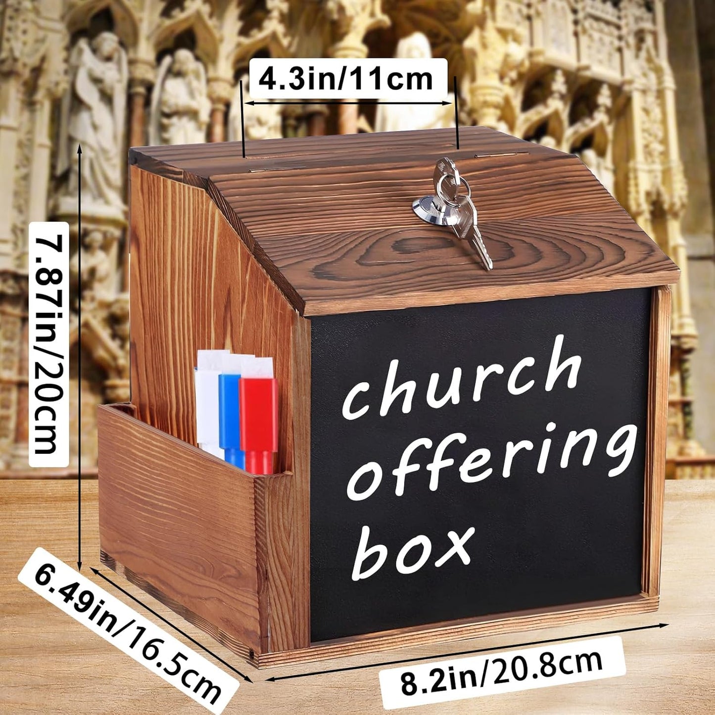 Wood Suggestion Box with Slot and Lock,Wooden Tip Money Drop Donation Boxes For Saving Fundraising,Prayer Ballot Comment Box Countertop Wall Mounted with Chalkboard and Keys for Church,Wedding