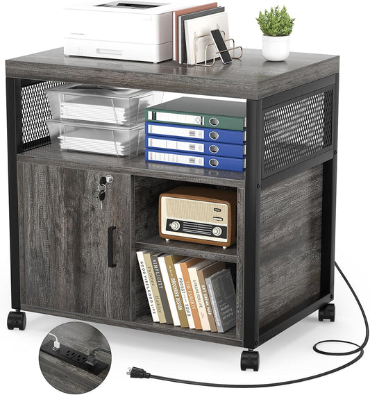 Unikito Rolling File Cabinet Lateral Office Filing Cabinets with Socket and USB Charging Port, Modern Printer Stand on Wheels Printer Cabinet with Door and Open Storage, Lockable, Black Oak