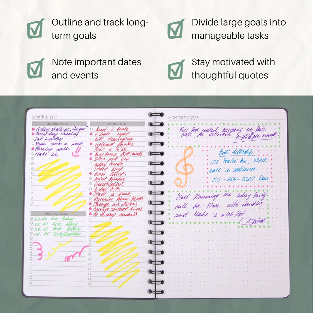 Undated Monthly Planner - 18 Month Calendar Planner Book for School, Office and Home - Hardcover Blank Planners for Goals, Tasks and Dates - B5(6.9" x 9.8") Green