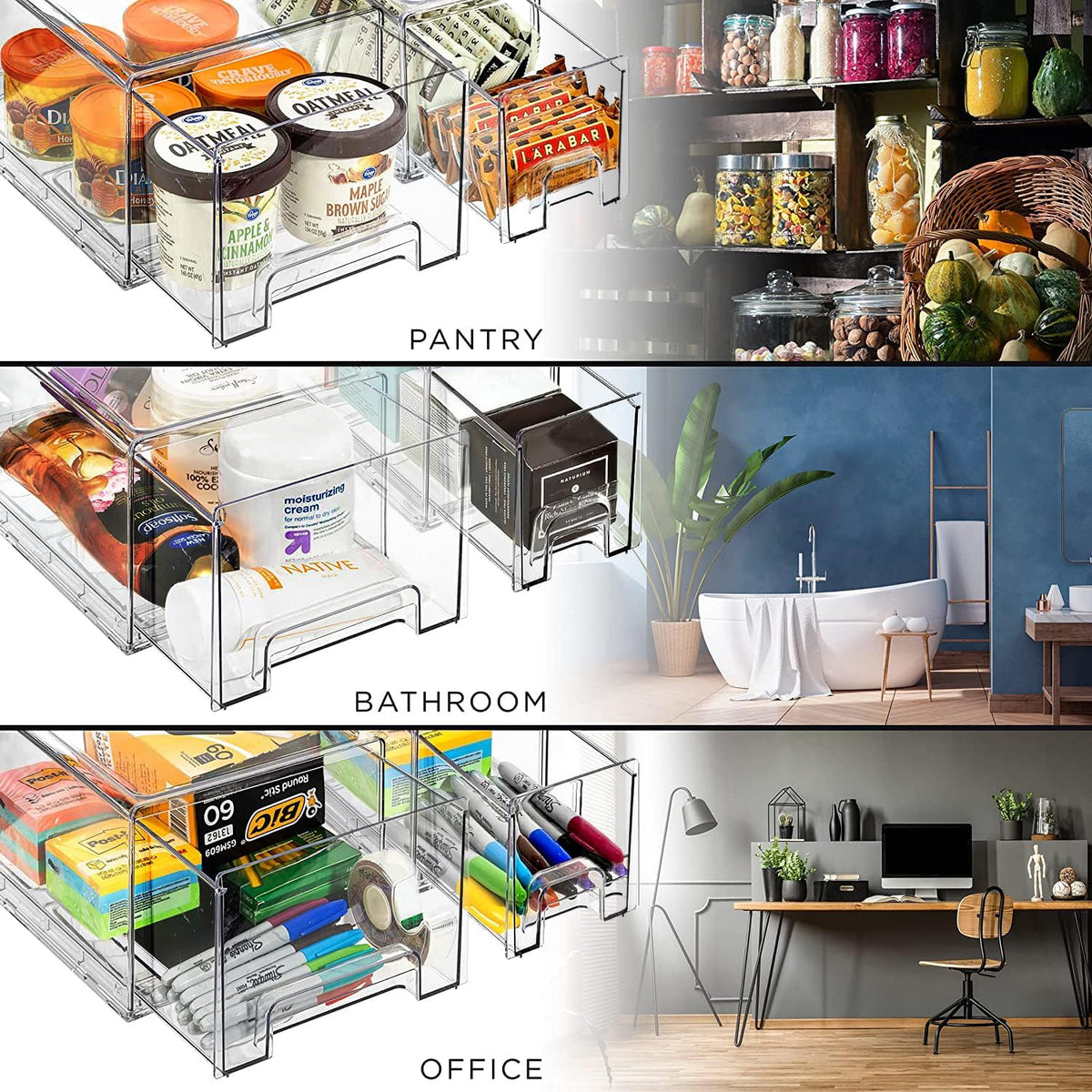 Sorbus Small Wide Clear Stackable Storage Drawers – 4-Pack Plastic Organizer Bins with Handles – Stackable Pull-Out Storage Drawers for Closet, Pantry, Office, Bathroom, Craft, and Toy Organization